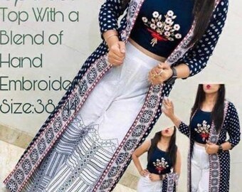Designer Handwork Embroidery Blouse Style Crop Top with Printed Palazzo and Printed Shrug Set for Women and Girls, Shrug Kurti,Free Shipping