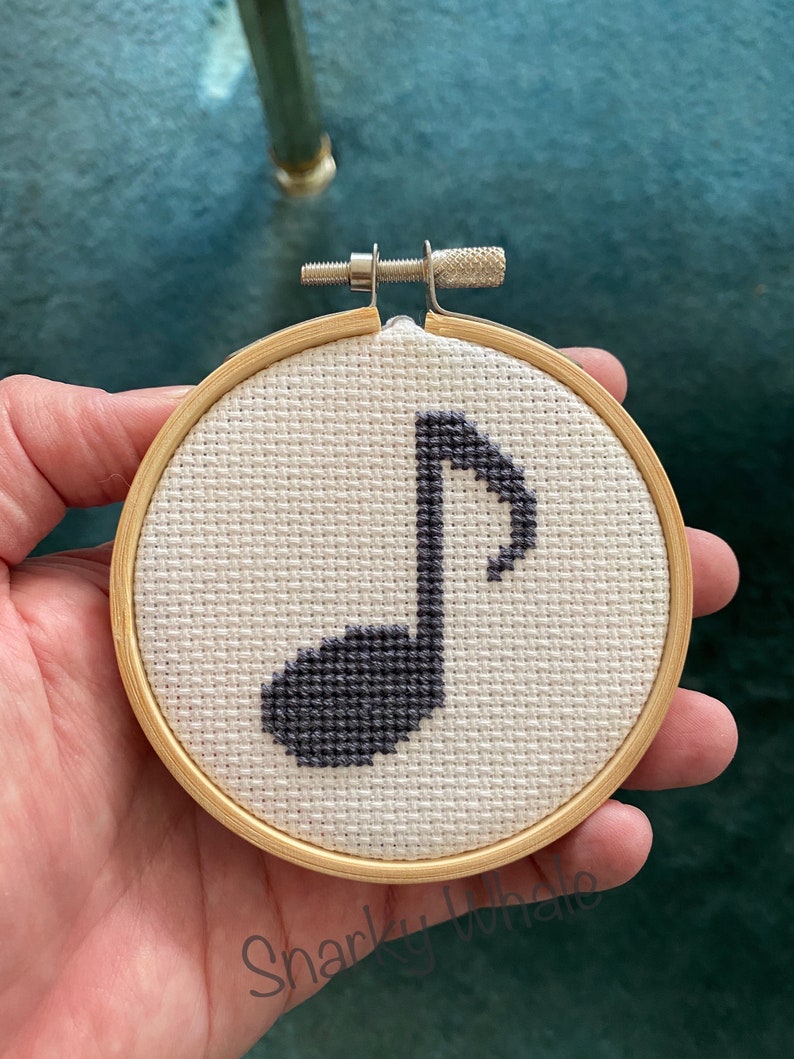 Musical Note Hoop Framed Deep Grey Music Note, 8th Note Cross Stitch Ornament, Eighth ...