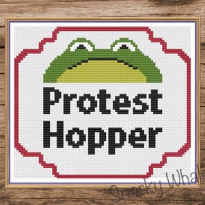 Protest Frog Cross Stitch Pattern - snarky, political, liberal, protest, progressive, merit badge spoof, satire