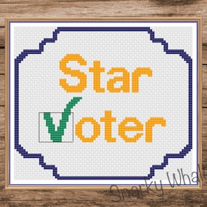 以下が含まれることがあります： 黄色で「Star Voter」の文字、緑色のチェックマーク、青色の縁取りが施されたクロスステッチのアート作品。 金色のフレームに額装され、木目調の背景に配置されています。