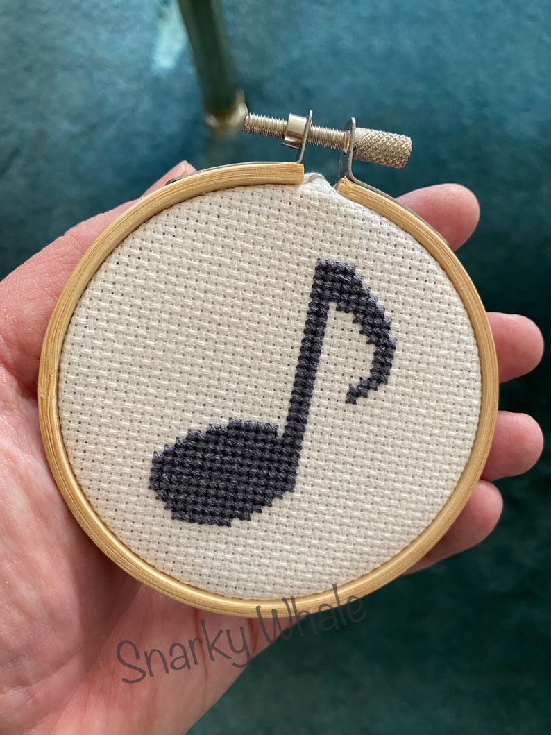 Musical Note Hoop Framed Deep Grey Music Note, 8th Note Cross Stitch Ornament, Eighth ...