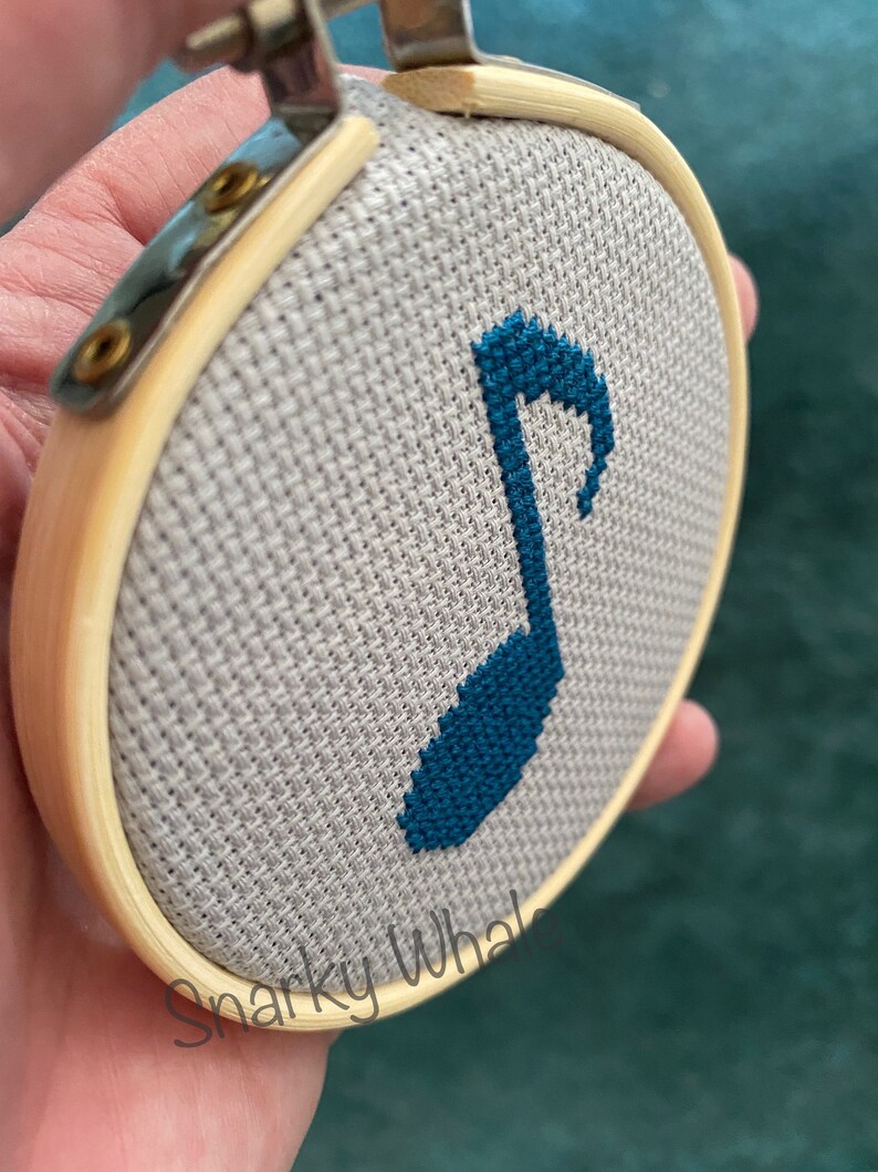 Musical Note Hoop Framed Teal Music Note, 8th Note Cross Stitch Ornament, Eighth Note ...