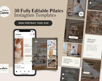 May include: A set of 30 fully editable Instagram templates for Pilates studios. The templates feature a neutral color palette with brown, beige, and white. The templates include images of Pilates equipment and people doing Pilates exercises. The text on the templates includes "Pilates Class", "Free Class", "Join our Pilates Class", "The Benefits of Pilates for Posture & Strength", "Did You Know?", and "New Webinar".