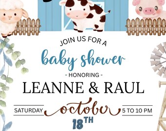 Invitación para baby shower con temática de granja, plantilla de Canva, DESCARGA DIGITAL