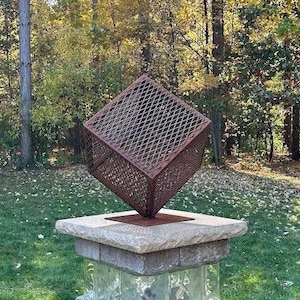 Rustic Metal Cube Sculpture - Industrial Garden Art for Outdoor Decor - Handcrafted Steel Yard Sculpture for Patio, Lawn, Landscape Design