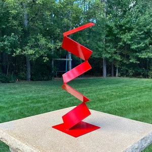 Modern Abstract Metal Sculpture, Red Geometric Outdoor Garden Art, Twisted Cube Steel Decor, Contemporary Indoor/Outdoor Metal Artwork