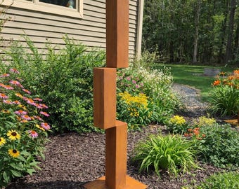 Modern Metal Garden Sculpture, Abstract Outdoor Yard Art, Rusted Steel Sculpture, Geometric Decor, Minimalist Landscape Accent