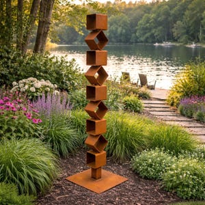 46" Tall Modern Rusted Steel Garden Sculpture for Outdoor Decor, Geometric Metal Art for Yard, Patio, Landscape or Lawn Decoration