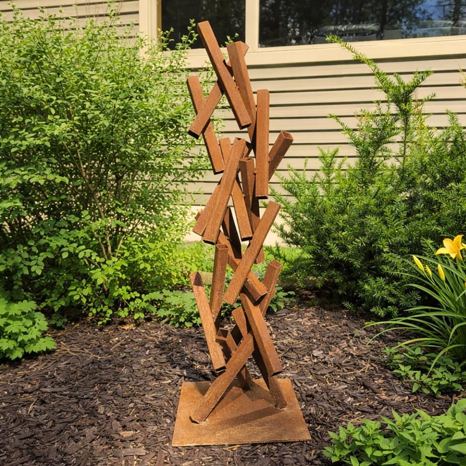 Modern Rusted Metal Garden Sculpture, Abstract Outdoor Steel Art ...