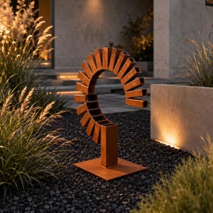 May include: A modern, outdoor metal sculpture with a semi-circular design. The sculpture is made of rusted metal and is mounted on a square base. The artwork is set in a garden with ornamental grasses and dark gravel.