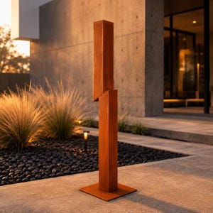 May include: A tall, geometric outdoor sculpture made of weathered, reddish-brown metal. The sculpture has a rectangular base and two intersecting vertical sections. The artwork stands on a concrete surface, with ornamental grasses and a modern building in the background.