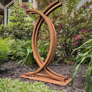 Modern Metal Garden Sculpture - Abstract Outdoor Yard Art - Rusted
