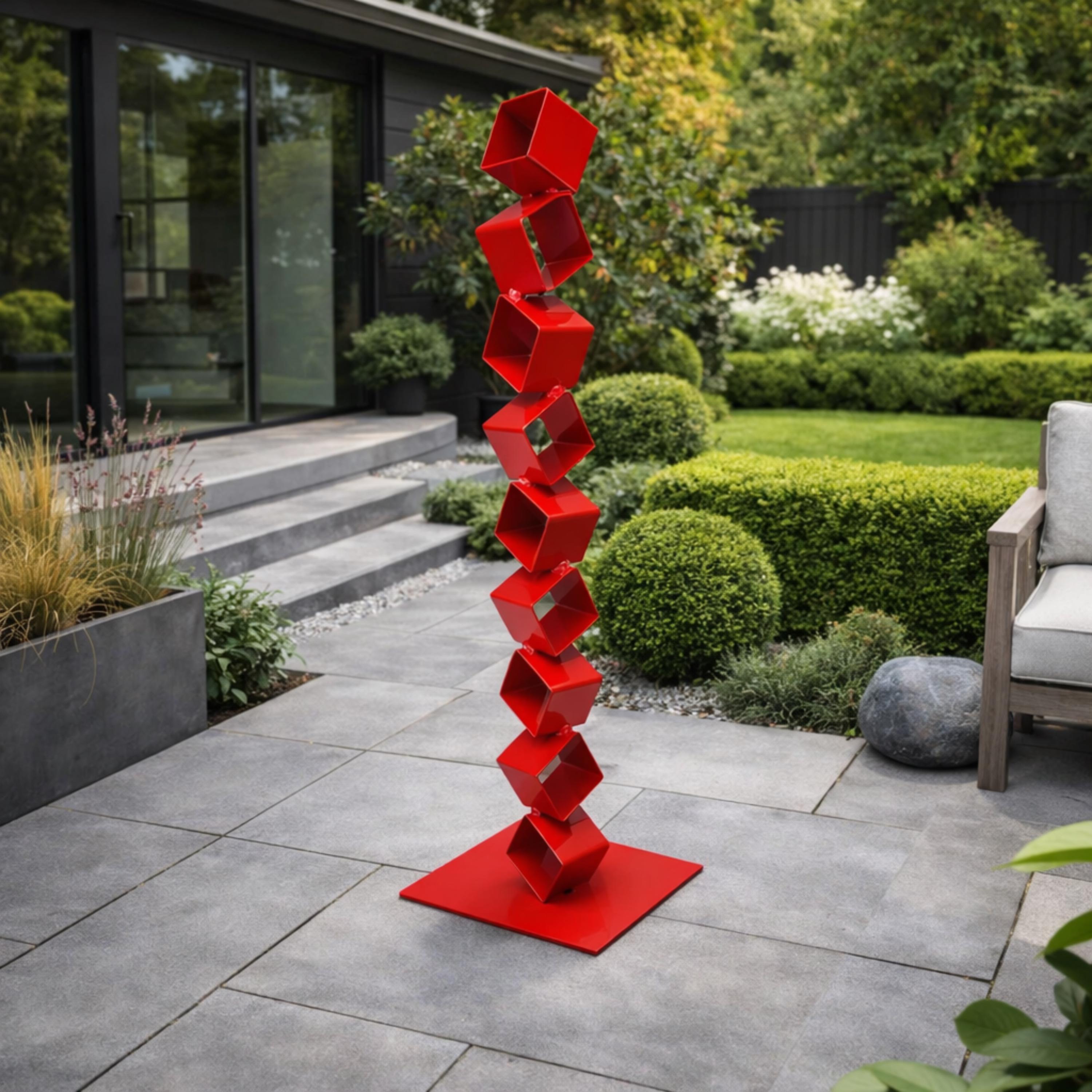 48" Modern Abstract Metal Sculpture, Red Geometric Statement Garden Art ...