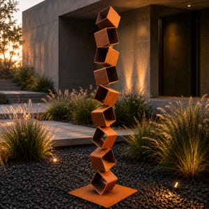 May include: A tall, outdoor metal sculpture composed of stacked, open-faced cubes. The sculpture has a rusted, orange-brown finish and is mounted on a square base. The artwork stands on a bed of black pebbles, with greenery and a modern building in the background.