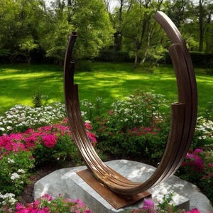 Modern Rusted Steel Garden Sculpture | Outdoor Metal Art for Yard, Lawn or Patio | Large Abstract circular Decor for Landscaping