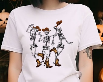 Boot Scootin Boogie Shirt, Dancing Skeleton Shirt, Western Halloween Shirt, Skeleton Cowboy Tee For Woman's, Halloween Skeleton Shirt