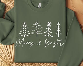 Sudadera Merry and Bright, Sudadera con árbol de Navidad, Sudaderas navideñas para mujer, Camiseta festiva de vacaciones, Sudadera de cuello redondo Merry Christmas