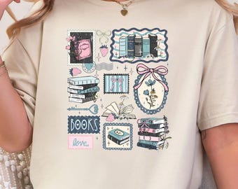 Book Lover Stamp Shirt, Retro Bookish Love Collage Sweatshirt, Cute Reading Club Shirt, Cottagecore Book Tee, Librarian Gift, Bookworm Shirt