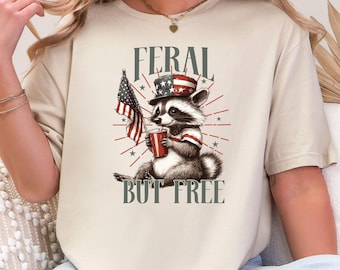 Camiseta de mapache salvaje pero libre para el 4 de julio, camiseta patriótica de mapache, sudadera del Día de la Independencia, regalo del 4 de julio, linda camiseta patriótica