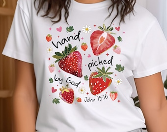 Camiseta cristiana de fresas, sudadera "Elegida por Dios", regalo bíblico, camiseta de verano a la moda, ropa de fe, camiseta estética religiosa para chicas