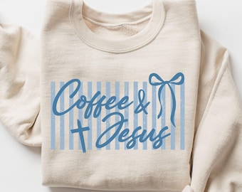 Sudadera Café y Jesús, Sudadera cristiana retro, Camiseta de fe con lazo coqueto, Regalo religioso para mujeres, Camiseta para amantes del café, Camiseta de Jesús