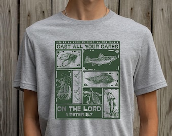 Camiseta cristiana de pesca, camiseta con versículo bíblico "Deja atrás todas tus preocupaciones" (1 Pedro 5:7), camiseta de fe para actividades al aire libre, sudadera retro de pesca, regalo para el Día del Padre.