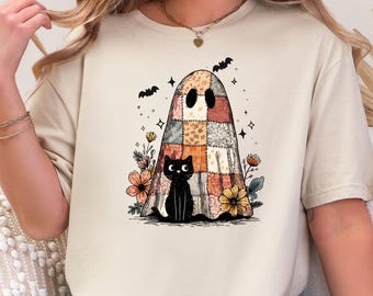 Patchwork Ghost Shirt, Black Cat Halloween Sweatshirt for Women, Boho Spooky Tee, Witchy Gift for Her