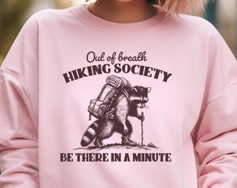 Sudadera divertida para senderismo, camiseta de la Sociedad de Senderismo "Sin aliento", camiseta divertida de mapache, sudadera retro para senderismo, regalo para campistas.