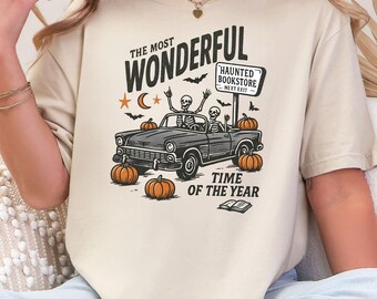 The Most Wonderful Time Shirt, Haunted Bookstore Halloween Sweatshirt, Skeleton Fall Tee, Spooky Bookish Gift for Women