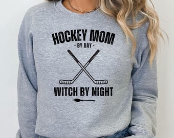 Hockey Mom by Day Witch by Night Sweatshirt, Funny Halloween Mom Shirt, Spooky Sports Mom Tee, Halloween Witch Gift