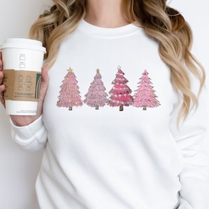 Pink Christmas Trees Sweatshirt, Bright Christmas Tree Sweatshirt, Merry Christmas Sweatshirt, Christmas Trees Hoodie, Xmas Nature Hoodie