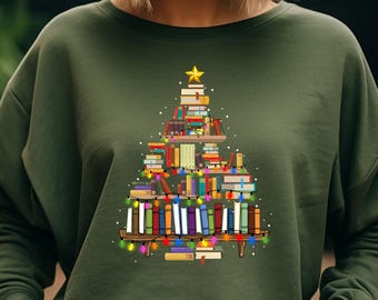 Book Christmas Tree Sweatshirt, Book Lover Christmas Shirt, Bookshelf Holiday Tee, Reader Christmas Gift, Bookworm Xmas Sweatshirt