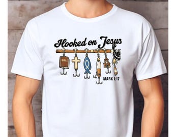 Camiseta cristiana de pesca, camiseta "Enganchado a Jesús", sudadera con versículo bíblico Marcos 1:17, camiseta de regalo para pescadores religiosos, camiseta de fe, camiseta de pesca