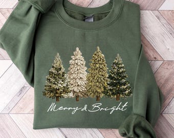 Merry and Bright Christmas Sweatshirt, Faux Latch Hook Christmas Tree Shirt, Womens Holiday Pullover, Cottagecore Xmas Gift Tee