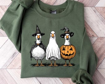 Trick Or Geese Sweatshirt, Funny Goose Halloween Shirt for Women, Witch Ghost Pumpkin Hoodie, Chaotic Bird Gift Tee