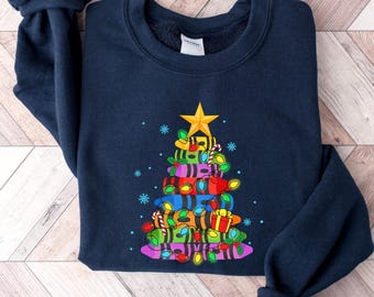 Crayon Christmas Tree Sweatshirt, Teacher Christmas Shirt, Art Teacher Gift, Colorful Xmas Tee, Kids Holiday Top