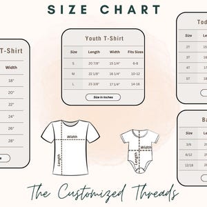 May include: Size chart for adult unisex, youth, toddler, and baby onesie t-shirts. The chart shows the size, length, width, and weight for each garment. The chart is in inches.