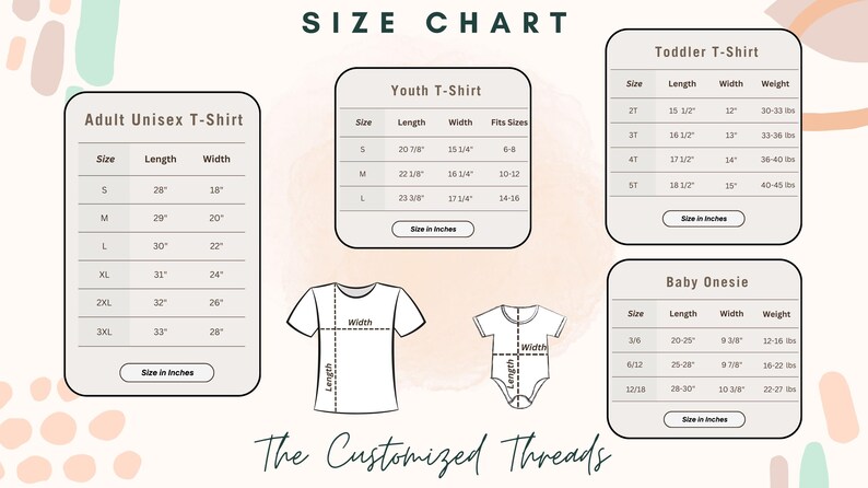 May include: Size chart for adult unisex, youth, toddler, and baby onesie t-shirts. The chart shows the size, length, width, and weight for each garment. The chart is in inches.