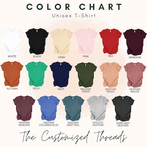 Op de afbeelding: Kleurenkaart met unisex T-shirts in verschillende kleuren, waaronder wit, zwart, roze en rood. De kaart toont ook tinten als herfst, kelly green en heather peach. De tekst bovenaan luidt "COLOR CHART Unisex T-Shirt". De tekst onderaan luidt "The Customized Threads".