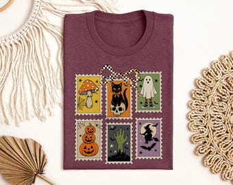 Halloween Stamps Shirt, Spooky Postage Collection Tee, Coquette Bow Sweatshirt, Witch Ghost Pumpkin Gift