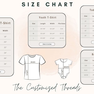 Op de afbeelding: Maattabel voor unisex T-shirts voor volwassenen, jeugd-T-shirts, peuter-T-shirts en babyrompers. Bevat afmetingen in inches voor lengte, breedte en gewicht. De tabel toont ook de maten.