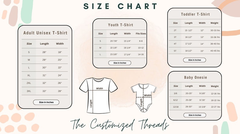 Op de afbeelding: Maattabel voor unisex T-shirts voor volwassenen, jeugd-T-shirts, peuter-T-shirts en babyrompers. Bevat afmetingen in inches voor lengte, breedte en gewicht. De tabel toont ook de maten.