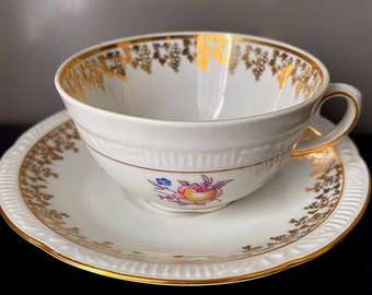 Raro par de té de porcelana vintage Chodziez 1924-50 Juego dorado de porcelana de 2 incluye taza de té y platillo
