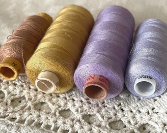 Set of 4 Vintage Silk Threads  1970s  Silky Thread Coffee Silky Thread Mustard Silky Thread Lilac Silky Thread Violet Natural Silky