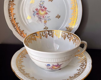 Zeldzame Vintage Tea Trio Chodziez 1924-50 Porseleinen vergulding Set van 3 inclusief theekop, schotel en bord