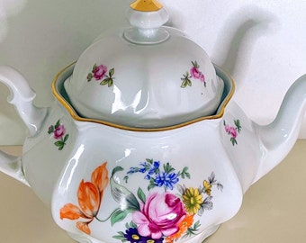 Vintage Porcelain Teapot and Creamer Set Bohemia Czechoslovakia .  Gilding, The famous Meissen bouquet.