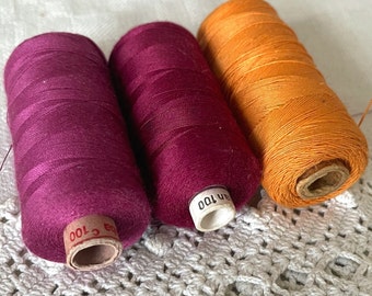 Set of 2 Vintage Sewing Burgundy threads of different shades + Orange Ochre thread Era 1970 Cotton Thread Spools Bobbins