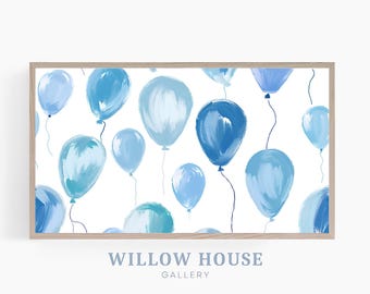 Blue Watercolor Balloons Frame TV Art, Celebration Decor (Digital Download)