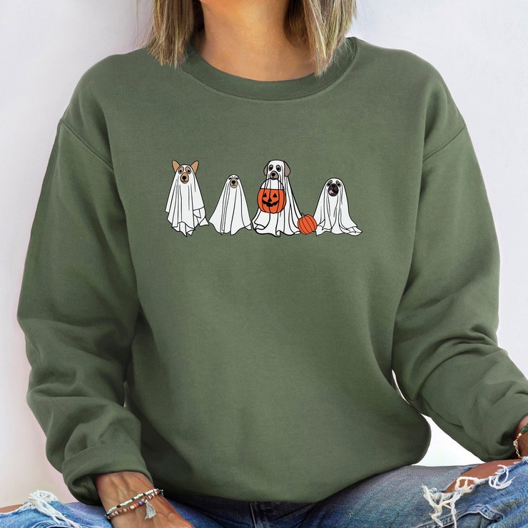 Funny Ghost Dog Sweatshirt, Halloween Shirt, Spooky Sweatshirt, Dog Lover Sweatshirt, Trick Or Treat, Pumpkin Sweater, Women Fall T-Shirt