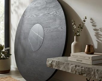 Round Oak Tabletop with Stone Center 100cm / 130cm – Solid Wood Dining Table Top – Marble Inlay – Custom Edge & Color – Luxury Furniture